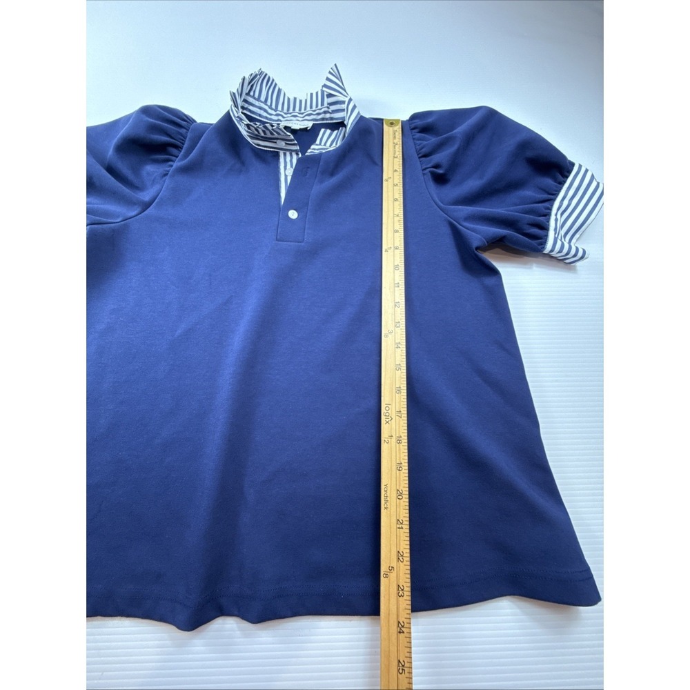 Entro Navy Puff Sleeve Top with Striped Contrast Cuffs & Ruffle Neck M - Picture 3 of 9